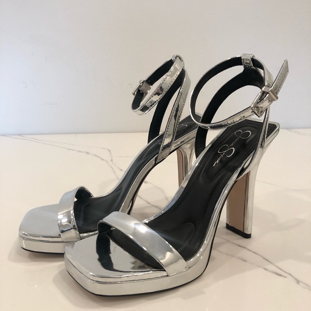 Jessica Simpson “Adonia” Silver Platform Ankle-Strap Sandals